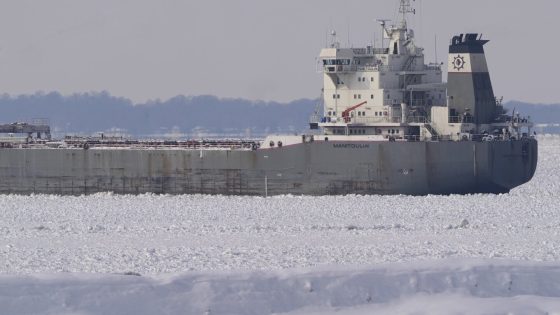 A Canadian freighter gets trapped in ice on Lake Erie