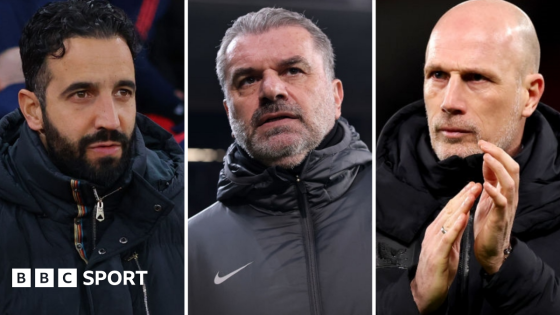 Split image showing Manchester United head coach Ruben Amorim, Tottenham manager Ange Postecoglou and Rangers boss Philippe Clemente