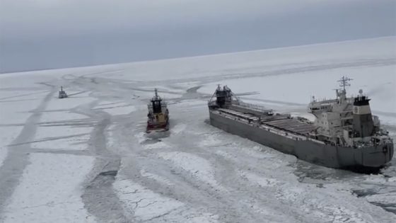 Freighter on the move after it was freed from ice on frozen Lake Erie