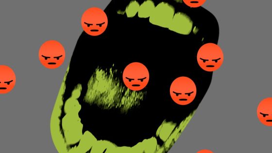 Graphic illustration of a yelling mouth surrounded by angry emoji reactions.