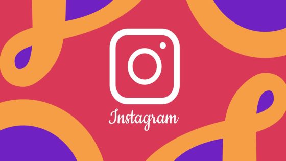 The Instagram icon is featured in the middle of a background filled with pink, orange, and purple shapes.