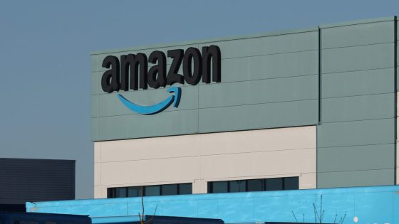 The Amazon logo is displayed outside the Amazon UK Services Ltd Warehouse on December 07, 2022 in Warrington, England