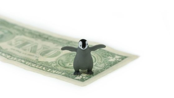 Baby penguin sitting on the corner of a dollar, isometric perspective, against a white background.