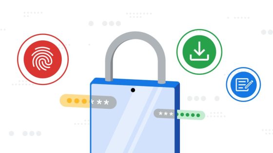 Primary colored illustration showing a lock, passwords, thumbprint, and download icon, from Google.