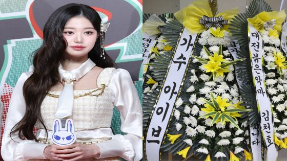 Right: A wreath reading ″Singer IVE″ stands at the funeral hall for Kim Ha-neul, a 7-year-old girl who was allegedly stabbed to death by a teacher, at the Konyang University Hospital in Daejeon on Feb. 11. Left: Jang Won-young, a member of IVE, who Kim's father asked ″to come and see Ha-neul″ because ″Jang was Ha-neul's dream.″ [NEWS1]