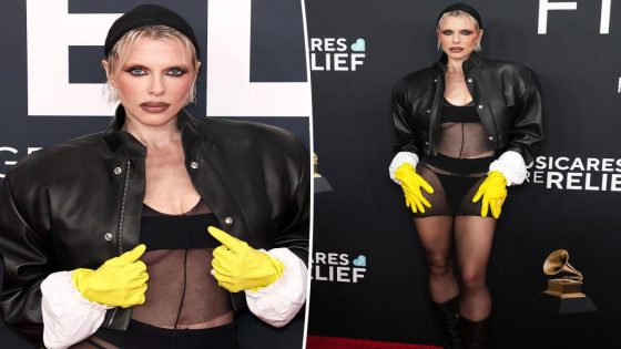 Julia Fox wears thong and dish gloves on Grammys 2025 red carpet