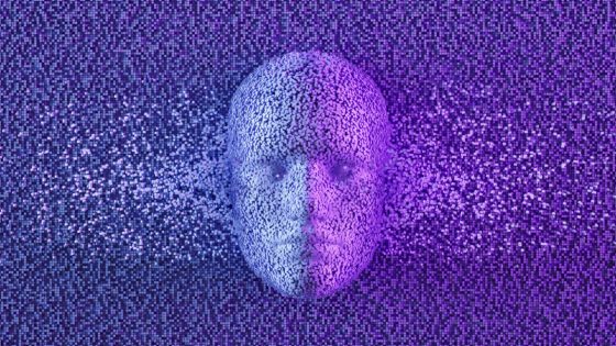 Artificial Intelligence, Deep Learning, Technology Background. Dissolving Human Face with Cube Shaped Particles