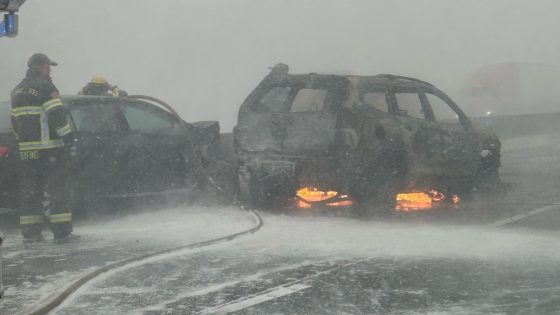 SUV catches on fire in massive pileup on I-84