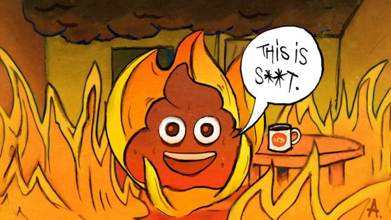 A flaming poop in a room on fire saying "This is s**t" with an Ars coffee mug sitting on a table