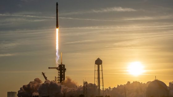 a rocket launches with the sun low in the sky in the background