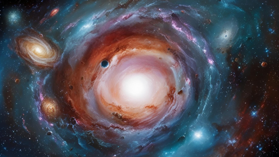 A painting showing a swirled universe with a light source in the center. Galaxies, planets and stars are all zooming around.