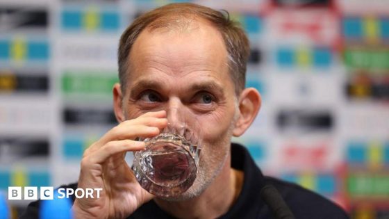 England head coach Thomas Tuchel sips a glass of water at a press conference after naming his first squad since succeeding Gareth Southgate