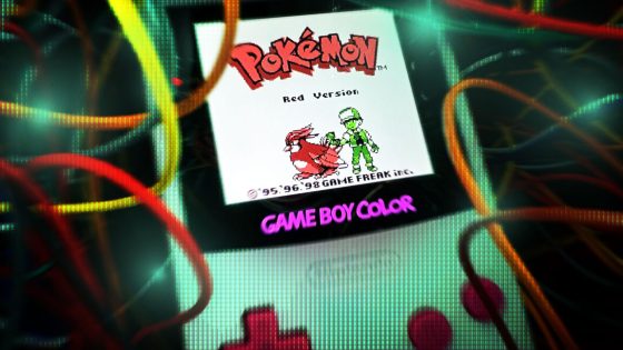 A game Boy Color playing Pokémon Red surrounded by the tendrils of an AI, or maybe some funky glowing wires, what do AI tendrils look like anyways