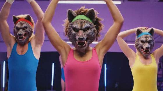 Still image from an AI-generated Veo 3 video of "A 1980s fitness video with models in leotards wearing werewolf masks."