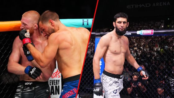Left photo shows Bo Nickal being punched by Reinier De Ridder in their UFC Des Moines fight. Right photo shows Khamzat Chimaev before his fight at ...
