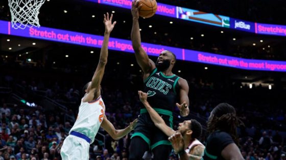 Celtics guard Jaylen Brown drives to the basket during the second quarter in Game 5 against the Knicks at TD Garden.