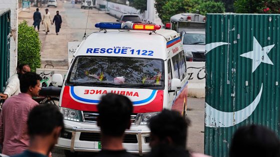 Ambulances leave from a complex near the site of a suspected Indian missile attack, in Muridke, Pakistan