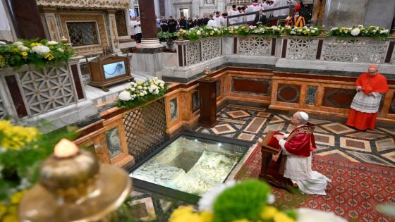 Pope Leo prays at tomb of St Paul