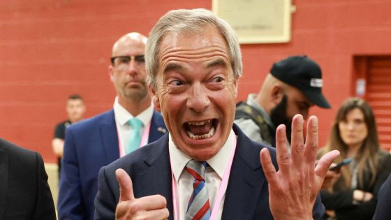 Reform party leader Nigel Farage reacts as the party wins the Runcorn and Helsby by-election.