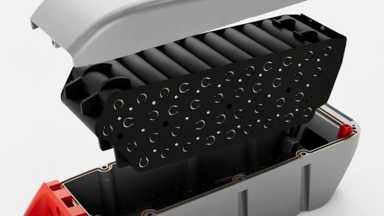 Rendering of an e-bike battery, with aluminum-ish top off, batteries floating out of the case, and a red handle on the bottom case.