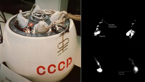 two images: on the left, an off-white ball-shaped spacecraft capsule marked by the letters 