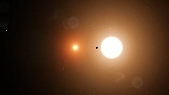 Image of two stars, one small and a dull orange, one larger and a bright yellow. In between is a small dark object.