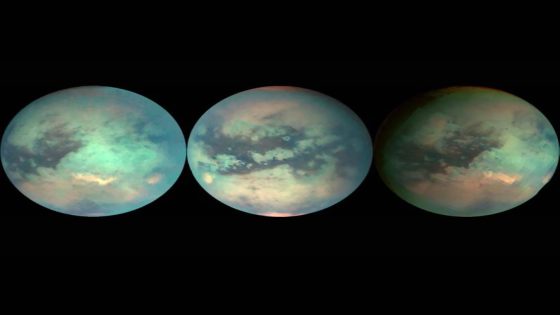 These images of Titan were taken by NASA’s James Webb Space Telescope on July 11, 2023 (top row) and the ground-based W.M. Keck Observatories on July 14, 2023 (bottom row). They show methane clouds (denoted by the white arrows) appearing at different altitudes in Titan’s northern hemisphere. Credit: NASA/ESA