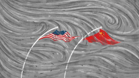 The US and China flags aught in a storm.