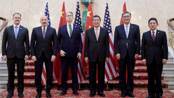 Chinese Vice Premier He Lifeng and U.S. Treasury Secretary Scott Bessent pose for a group photo with delegations before their meeting to discuss China-U.S. trade, in London, United Kingdom, June 9th 2025