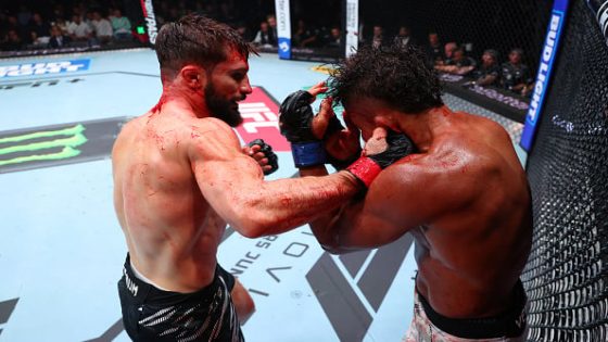 Nazim Sadykhov punches Nikolas Motta during UFC Baku fight with an inset of Dana White talking to the media at the UFC 299 press conference