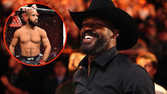 Jon Jones in attendance at UFC 306 with an inset of Demetrious Johnson ahead of his UFC 216 fight against Ray Borg