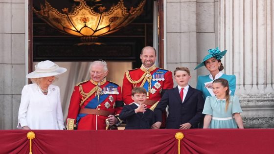 King Charles III and Queen Camilla, with the Prince and Princess of Wales and their children, watch a flypast from the balcony of Buckingham Palace during Trooping the Colour on June 14, 2025 (Aaron Chown/PA Images/Alamy)