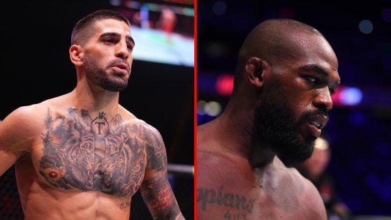 Split image of Ilia Topuria at UFC 308 and Jon Jones at UFC 309
