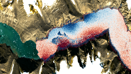 Copernicus Sentinel-2 satellite image of the Dickson Fjord in East Greenland with the observed sea-surface height measurements from the SWOT satellite of the Earth-shaking wave on October 11th overlaid.