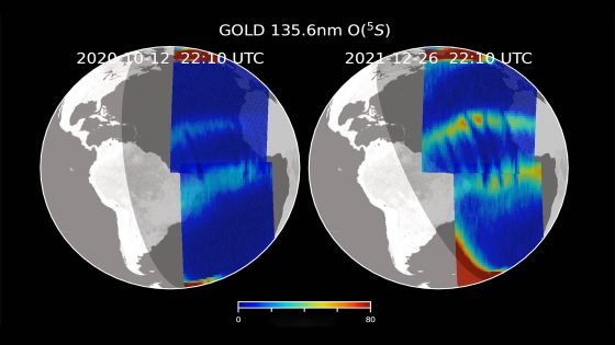 This visualization shows C-shaped and reverse-C-shaped plasma bubbles appearing close together in the ionosphere on Oct. 12, 2020, and Dec. 26, 2021, as observed by NASA’s GOLD mission (Credit: NASA’s Visualization Studio)