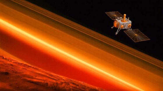 Illustration of Mars' atmospheric transformation due to solar winds. Image generated by AI.