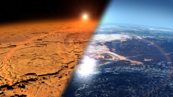 An artist's rendering comparing a cold, dry Martian environment on the left with an earlier version of the environment on the right that contained liquid water