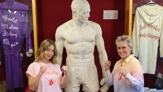 Actress Sydney Sweeney and Christy Martin visit the International Boxing Hall of Fame before the Parade of Champions on June 8, 2025 in Canastota, New York.