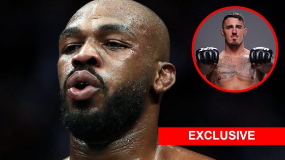 Jon Jones looks on during his UFC 247 fight with Dominick Reyes with an inset of Tom Aspinall posing for a portrait photo backstage with an exclusi...