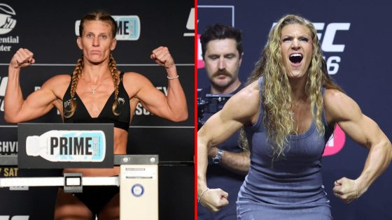 Split image of Kayla Harrison at UFC 316 weigh-ins and UFC 316 press conference