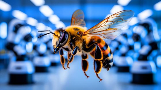 Illustration of bees' flight patterns enhancing visual perception for AI and robotics research. Image generated by AI.