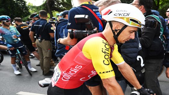 DUNKERQUE, FRANCE - JULY 07: Bryan Coquard of France and Team Cofidis reacts after the 112th Tour de France, Stage 3 a 178.3km stage from Valenciennes to Dunkerque / #UCIWT / on July 07, 2025 in Dunkerque, France. (Photo by Dario Belingheri/Getty Images)