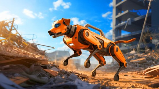 Illustration of the groundbreaking robotic rescue dog navigating challenging terrains, created by artificial intelligence.