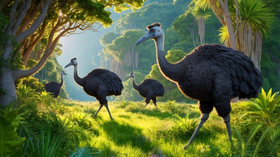 Illustration of the ambitious plan by Colossal Biosciences to resurrect New Zealand's extinct giant moa birds, created by artificial intelligence.