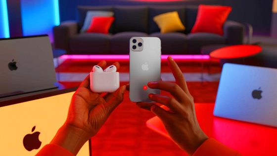 Illustration of the seamless integration of Apple Music within the Apple ecosystem, featuring AirPods, generated by artificial intelligence.