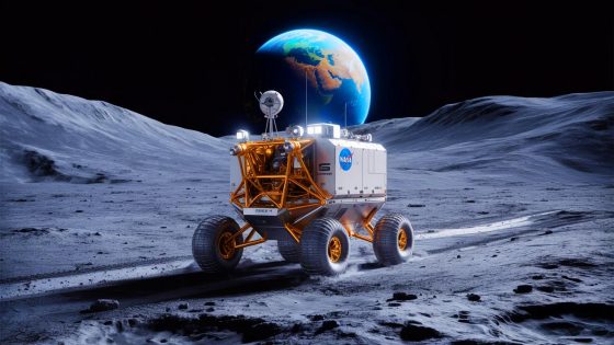 Illustration of NASA's Lunar Terrain Vehicle exploring the moon's south polar region, generated by artificial intelligence.