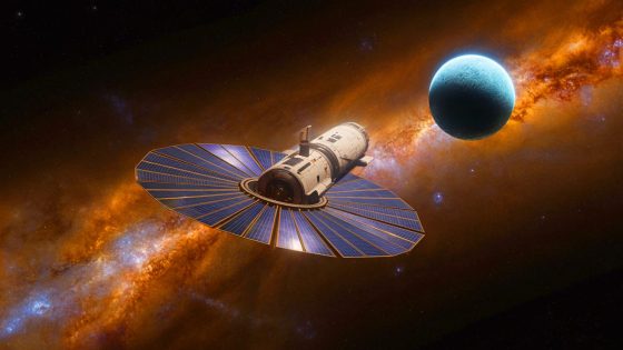 Illustration of a spacecraft powered by nuclear propulsion and solar sails traveling towards Sedna. Image generated by AI.