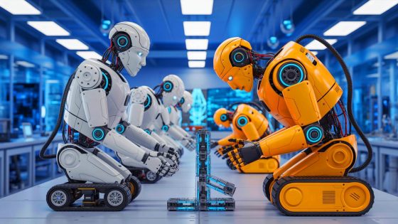 Illustration of robots autonomously growing and adapting through robot metabolism, generated by artificial intelligence.
