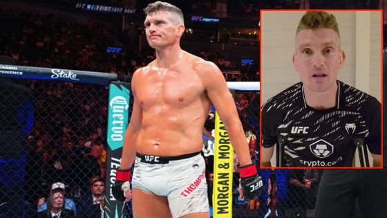 Stephen Thompson reacts to losing at UFC Nashville, inset screenshot from his post-fight social media statement