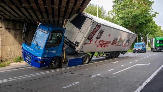 Terberg-trekker van Delhaize rijdt zich klem onder spoorwegbrug in Zellik